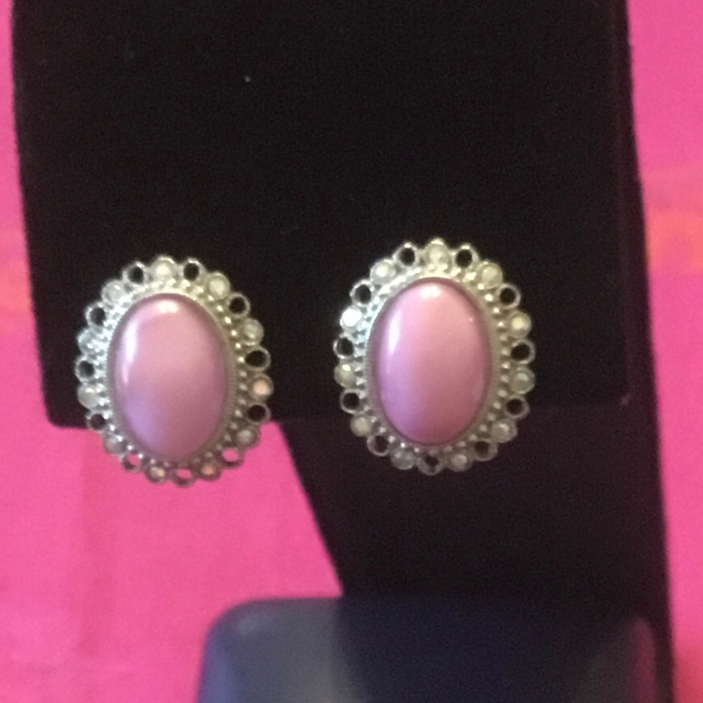Vintage silver tone clip on earrings -oval pink cabochon & mini crystals